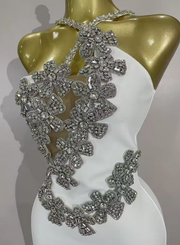 Bianca white backless bandage mini dress featuring a bodycon fit and hand-applied sparkly crystal diamonds.