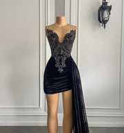 Black Velvet Beaded Embroidery Prom Dress