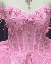 Baby pink off-shoulder feather trim ball gown quinceañera dress with 3D floral appliques