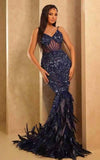 Midnight Sapphire Sequin Mermaid Gown With Illusion Corset And Ostrich Feather Hem