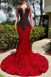 Luxurious Crimson Red Sequins Mermaid with Black Rhinestone Beads Prom Dress