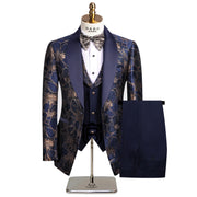 Luxury men’s woven pattern 3-piece formal suit with blazer, vest, and trousers for weddings or events