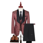 Luxury men’s woven pattern 3-piece formal suit with blazer, vest, and trousers for weddings or events