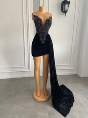 Black Velvet Beaded Embroidery Prom Dress