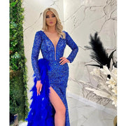 Luxury Blue Mermaid Prom  Dresses Beading Sequined Feathers Deep V Neck Long Sleeve Sweep Train Prom Gowns