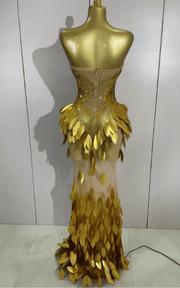 Khloe Gold Diamond Leaf Strapless Sheer Mesh Bodycon Long Dress