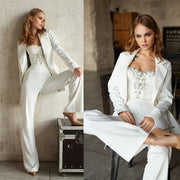 Women Wedding Tuxedos 3 Pieces Sets Beading Office Lady Blazer Suits Female High Waist Pants