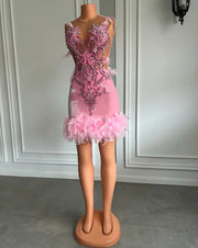 Pink Feather Velvet O-Neck Cocktail Dress