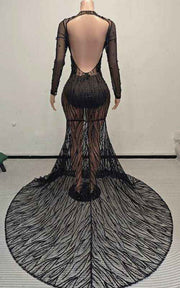 Illusion Prom Gown With Long Sleeves And Intricate Branch-Patterned Beading