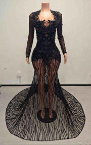 Illusion Prom Gown With Long Sleeves And Intricate Branch-Patterned Beading