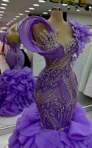 Purple Petal Prom Gown With Architectural Tulle Swirl And 3D Floral Shoulder Accents