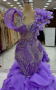 Purple Petal Prom Gown With Architectural Tulle Swirl And 3D Floral Shoulder Accents