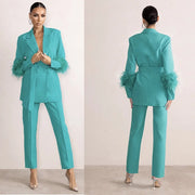 Customized Ostrich Feather Mother of the Bride Pants Suits Ladies Women Formal Evening Party Blazer Wear Jacket 2 Pieces