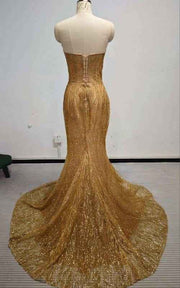 Shimmering Champagne Gold Trumpet Prom Gown with Lace Detail