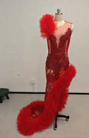 Carla Pink Beaded Layered Ruffle Prom Dress with High Slit-Ready to Ship