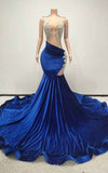 Blue Sheer Bodice Crystal-Embellished Velvet Prom Dress