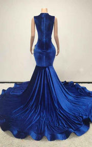 Blue Sheer Bodice Crystal-Embellished Velvet Prom Dress