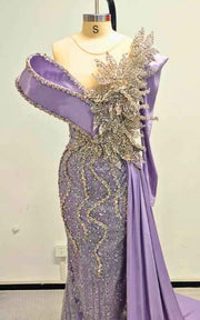 Lavender Crystal-Encrusted Mermaid Gown With Architectural Satin Drape And Silver Leaf Embroidery