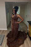 Brown sparkling crystal beading mermaid prom dress floor-length elegant gown.
