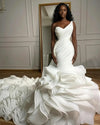 Luxurious Mermaid Strapless Ruffle Long Train Wedding Dress
