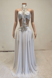 Black beaded halter cutout waist prom dress with sequin floral center panel