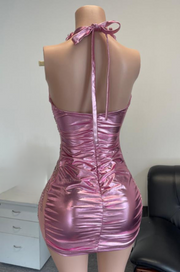 Brenda sexy halter pink crystal mini birthday dress for women party night out