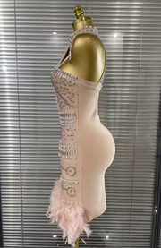Laila crystal feather halter off-shoulder bodycon mini bandage dress