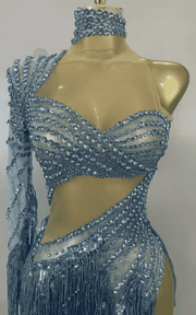 Jamie Blue Rhinestone Tassel One Shoulder Sheer Mesh Dress