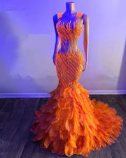 Orange Mermaid Prom Dresses Sequin Feathers Evening Gown