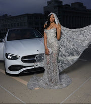 Glitter silver beaded mermaid prom dress elegant evening gown.