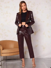 Designer Leather Women Blazer Suits V Neck Evening Party Ladies Tuxedos For Wedding Two Pieces Jacket And Pants