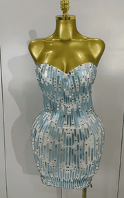 Patti Strapless Gold Rhinestone Sequin Sheer Mesh Bodycon Mini Dress