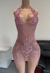 Brenda sexy halter pink crystal mini birthday dress for women party night out