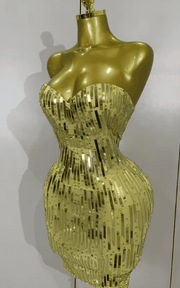 Patti Strapless Gold Rhinestone Sequin Sheer Mesh Bodycon Mini Dress