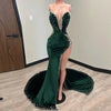 Green Velvet  Beads Strapless Sexy High Split Evening Dress