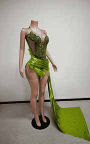 Crystal Embellished Illusion Suit With Feather Accents And Floor Length Sash