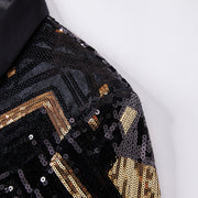 Men’s black and gold sequin suit jacket with matching pants for party or stage wear