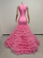 Ava adorable tulle ruched train rhinestones prom dress for women formal night