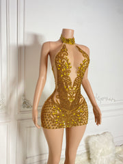 Beaded Gold Diamond Crystal Sparkly Cocktail Party Dress