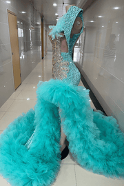Envious Designs turquoise crystal beaded one shoulder feather ruffle tulle prom dress for prom and formal evening styling