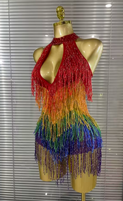 Envious Designs Sarah rainbow sequin tassel off-the-shoulder keyhole bodycon mini dress for birthday and festival styling