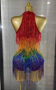 Envious Designs Sarah rainbow sequin tassel off-the-shoulder keyhole bodycon mini dress for birthday and festival styling