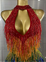 Envious Designs Sarah rainbow sequin tassel off-the-shoulder keyhole bodycon mini dress for birthday and festival styling