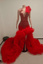 Envious Designs turquoise crystal beaded one shoulder feather ruffle tulle prom dress for prom and formal evening styling