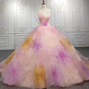 Flower Beaded Strapless Pink Quinceañera Dress