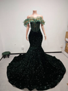 Emerald Enchantment Sequin Mermaid Gown With 3D Leaf-Appliqué Off-The-Shoulder Neckline