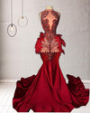 Rhinestone Red Long Prom Dress With Feathers and Handmade Beads