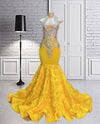 Yellow Ruched Flowers silver Crystal Beaded Prom Dress