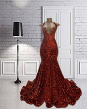 Dark Orange Beaded Halter Sequin Prom Dress