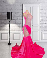 Hot Pink Velvet Crystal Beading Prom Dresses Luxury Designer Party Mermaid Bespoke Occasion Dresses Graduate